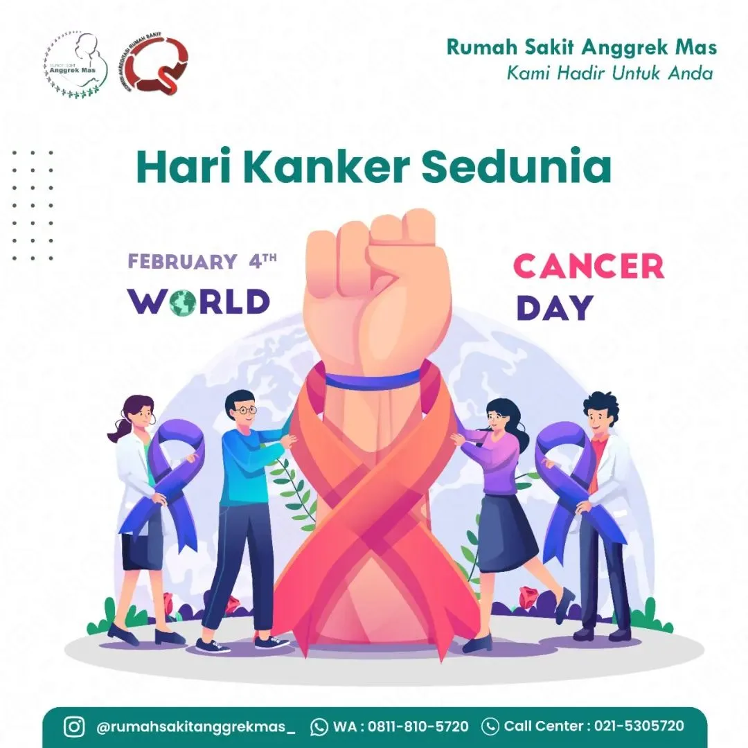 Poster peringatan Hari Kanker Sedunia 4 Februari dari RS Anggrek Mas dengan ilustrasi sekelompok orang memegang pita kesadaran kanker mengelilingi kepalan tangan besar.