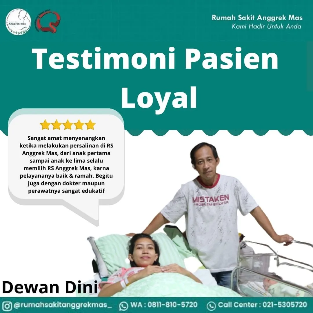 Poster testimoni pasien RS Anggrek Mas dengan penilaian bintang lima, memuat foto seorang ibu yang baru melahirkan bersama suaminya di kamar perawatan.