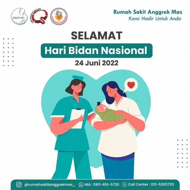 Poster ucapan "Selamat Hari Bidan Nasional, 24 Juni 2022" dari RS Anggrek Mas dengan ilustrasi seorang bidan berseragam memegang papan catatan di samping seorang ibu yang menggendong bayi.