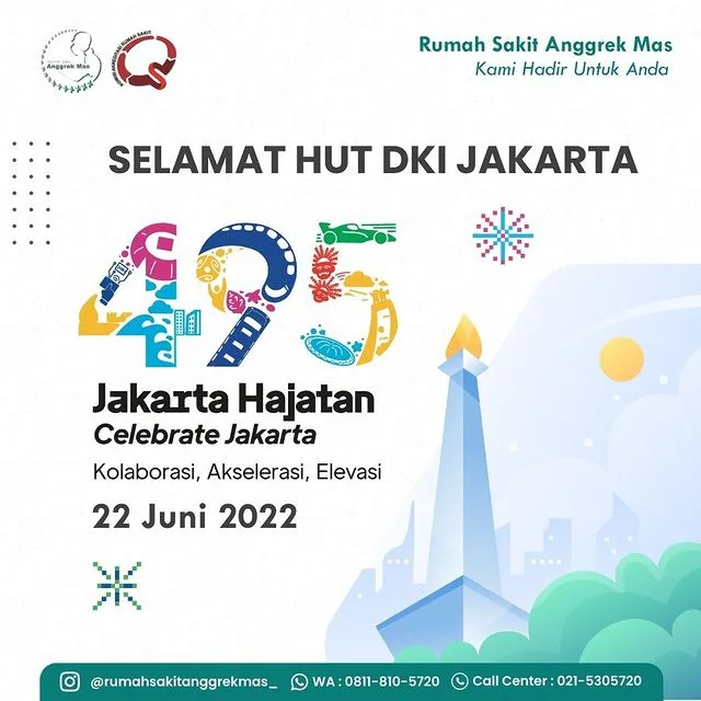 Poster ucapan "Selamat HUT DKI Jakarta ke-495, Jakarta Hajatan, 22 Juni 2022" dari RS Anggrek Mas dengan tema Kolaborasi, Akselerasi, Elevasi dan ilustrasi Monumen Nasional.