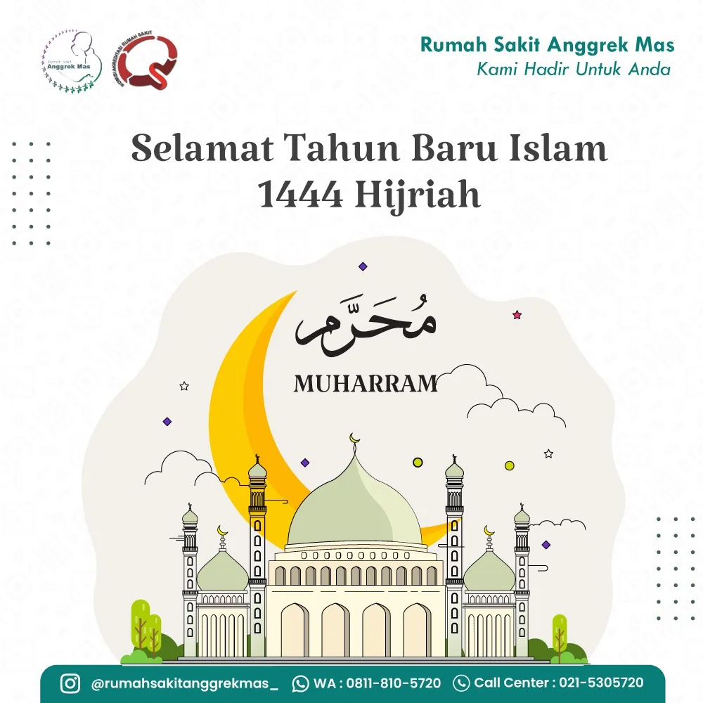 Poster ucapan "Selamat Tahun Baru Islam 1444 Hijriah" dari RS Anggrek Mas dengan kaligrafi Muharram, bulan sabit, dan ilustrasi masjid.