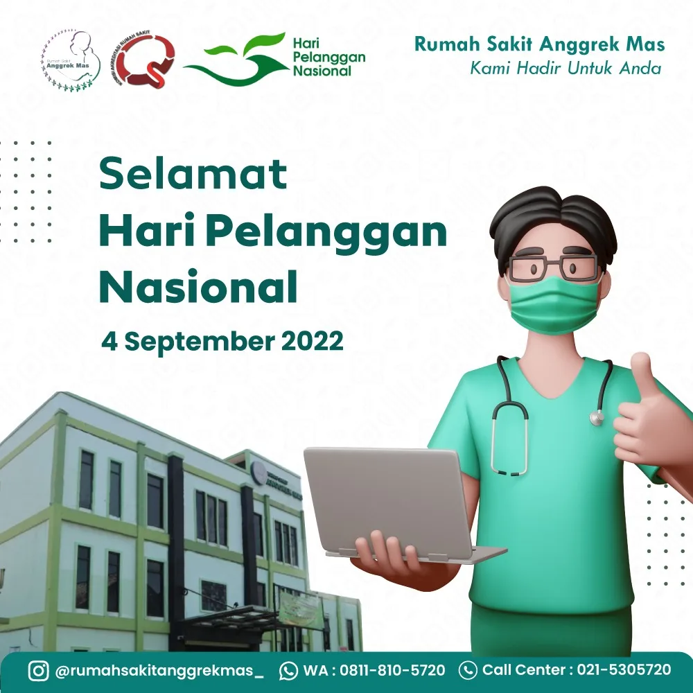 Poster ucapan "Selamat Hari Pelanggan Nasional, 4 September 2022" dari RS Anggrek Mas, menampilkan ilustrasi tiga dimensi seorang tenaga kesehatan memegang laptop sambil mengacungkan jempol, berlatar gedung rumah sakit.