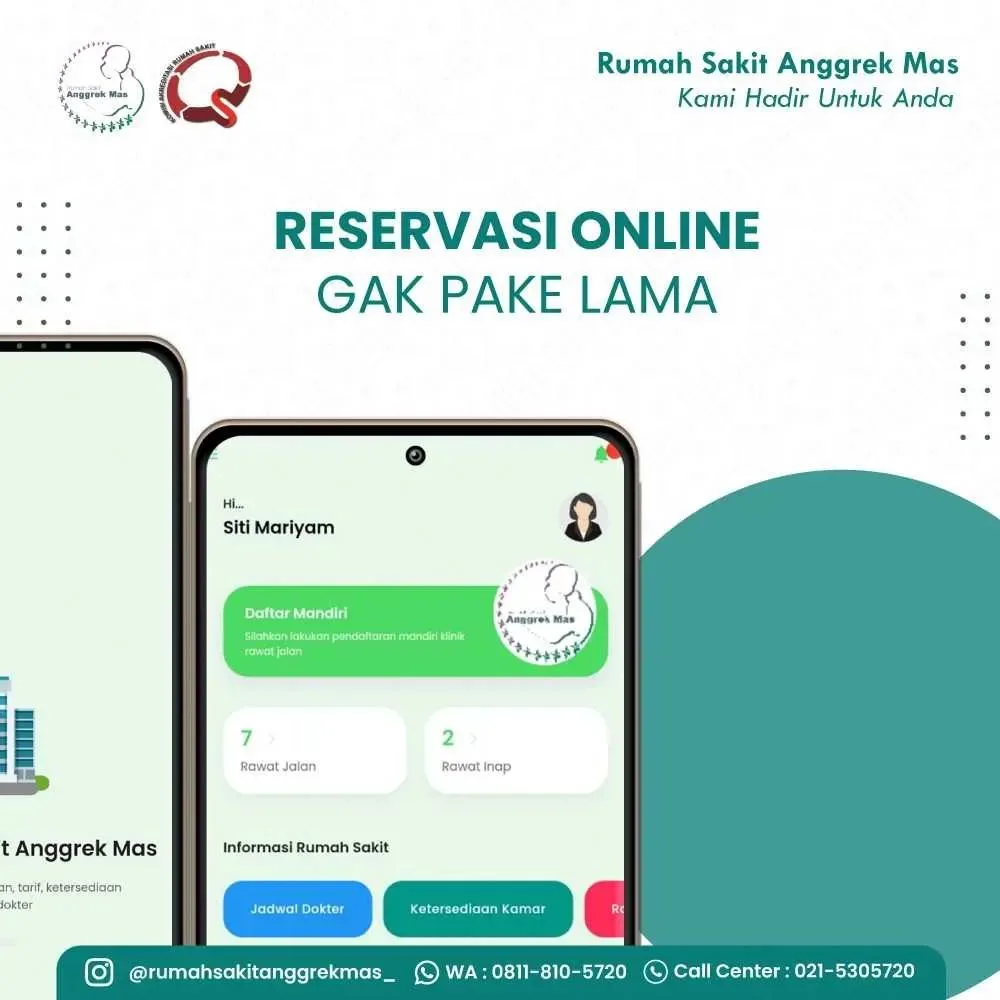 Poster "Reservasi Online Gak Pake Lama" dari RS Anggrek Mas, menampilkan tampilan aplikasi di layar ponsel dengan menu daftar mandiri, jadwal dokter, dan ketersediaan kamar.