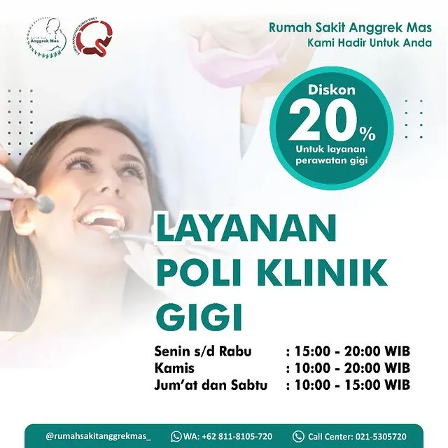 Poster promo layanan Poli Klinik Gigi RS Anggrek Mas dengan diskon 20 persen untuk layanan perawatan gigi. Jadwal yang tercantum: Senin sampai Rabu pukul 15.00–20.00, Kamis pukul 10.00–20.00, Jumat dan Sabtu pukul 10.00–15.00 WIB.